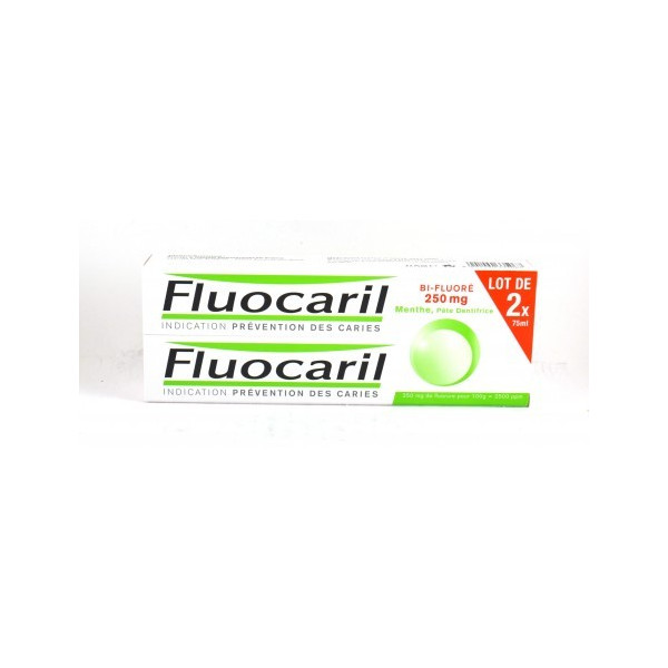 Fluocaril Bi-fluoride 250mg Mint flavour Toothpaste, pack of 2 x 75 ml