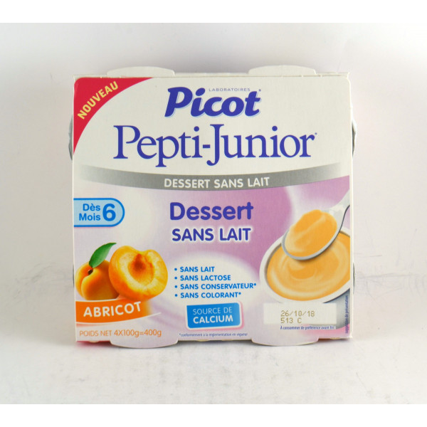Crème Dessert Sans Lait Goût Abricot - Pepti-Junior Picot - 4 X 100 g Dès 6 Mois