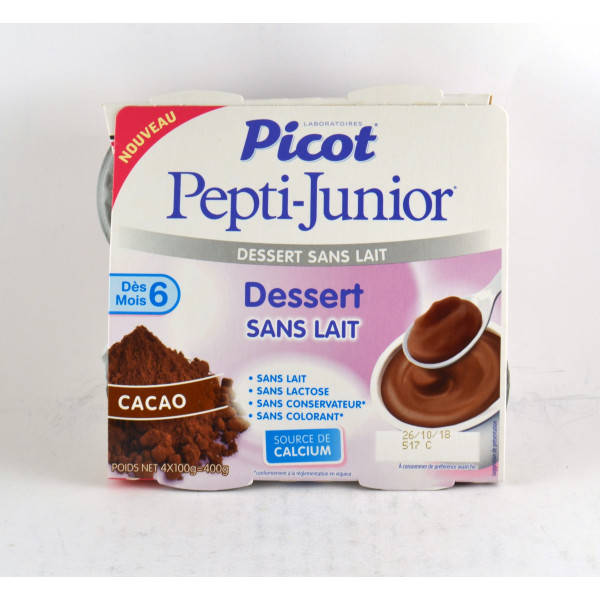 Crème Dessert Sans Lait Goût Cacao - Pepti-Junior Picot - 4 X 100 g Dès 6 Mois