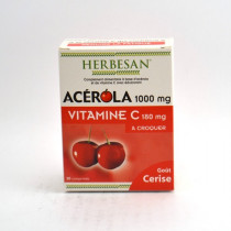 Acerola 1000 Vitamine C 180 mg, Herbesan, 30 Comprimes A Croquer - Goût Cerise