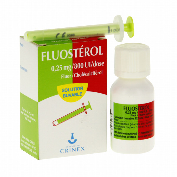 Fluosterol 0.25 mg/800 IU/dose, Fluoride/Vitamin D3 Infants - Oral Solution, Bottle of 22.5 ml + Syringe