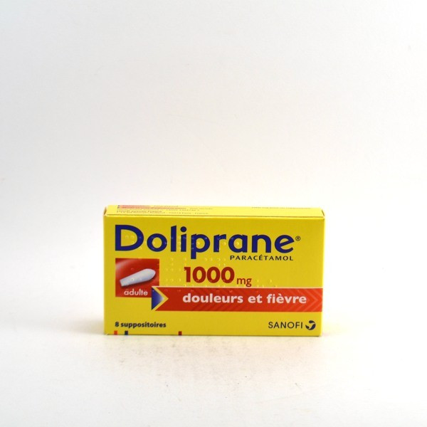Doliprane Paracetamol 1000mg, Adults, 8 suppositories for pain and fever, Sanofi