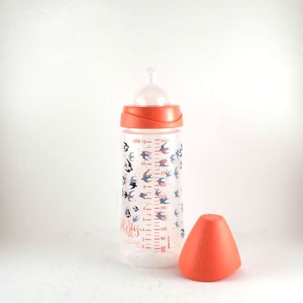  Birds Pink Bottle, Round Teat, Boiled, Silicone - +4 Months, 360 ml, Suavinex