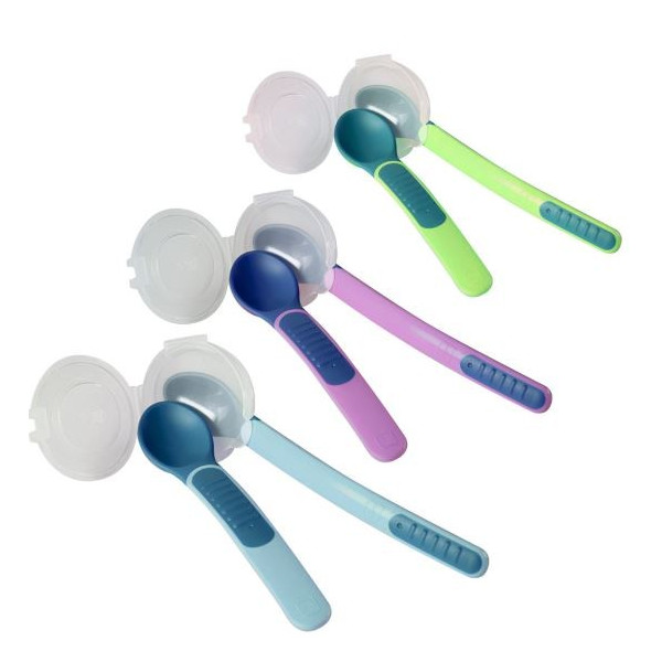2 MAM Thermo-Sensitive Spoons +  case to learn to eat alone, different colors choices