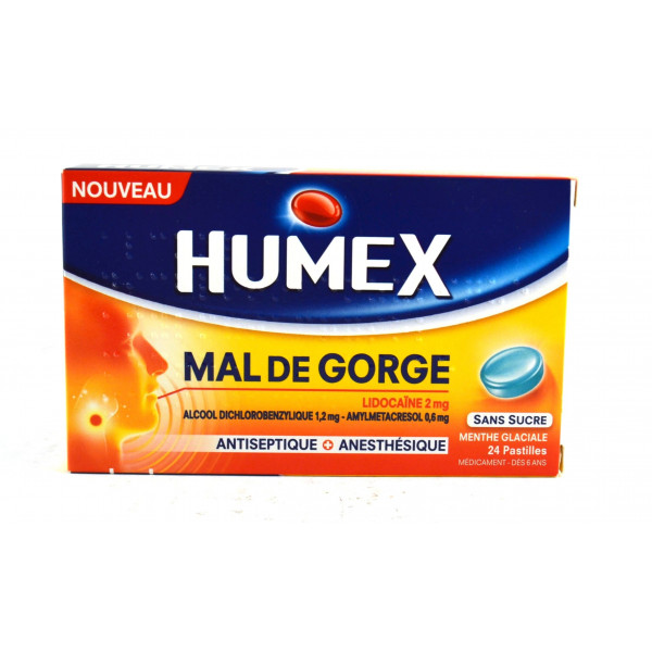 Humex Throat Sore, Sugar Free Mint Lozenges, Antiseptic + Anesthesic - 24 Lidocaine Lozenges 2mg / Alcohol Dich