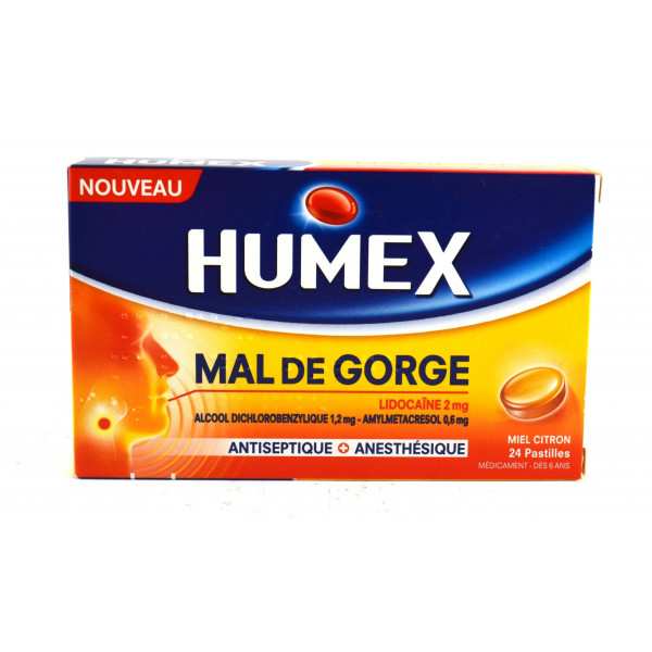 Humex Mal de Gorge, Pastilles Miel Citron, Antiseptique + Anesthesique - 24 Pastilles Lidocaine 2mg / Alcool Dichlorobenzylique
