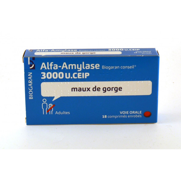AlfaAmylase 3000U, 18 coated tablets, Sore Throat for adults, Biogaran Conseil