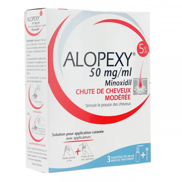 Alopexy 50mg/ml minoxidil chute de cheveux modérée, 3 flacons de 60ml