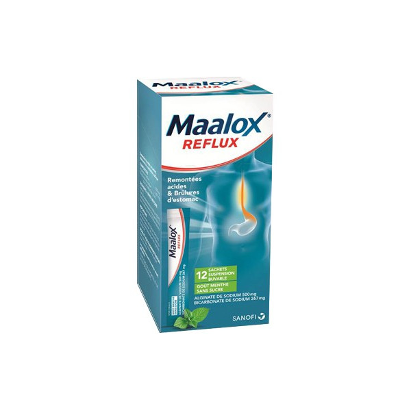 Maalox - Remontées Acides & Brûlures d'Estomac - Menthe Sans Sucre - 12 Sachets Buvables