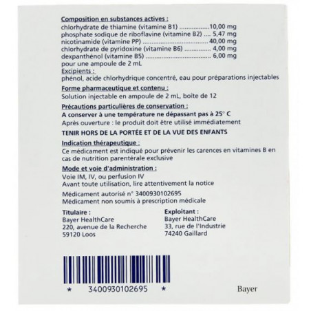 Becozyme injectable, 12 ampoules de 2 ml Bayer