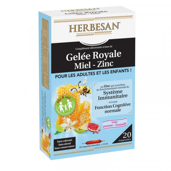 Royal Jelly + Honey + Zinc, For Children and Adults, 20 Immunity Drinkable Phials, Herbsan Taste Pomegranate Apple