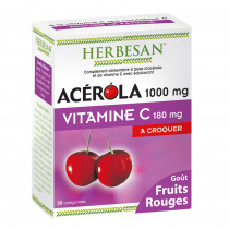 Acerola 1000 Vitamine C 180 mg, Herbesan, 30 Comprimes A Croquer - Goût fruits rouges