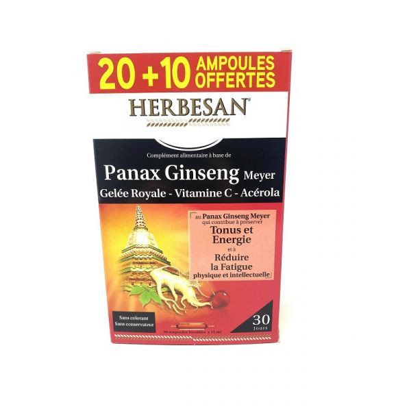 Herbesan Panax Ginseng, Gelée Royale, Viamine C, Acérola - Herbesan - 20 + 10 (offertes) Ampoules