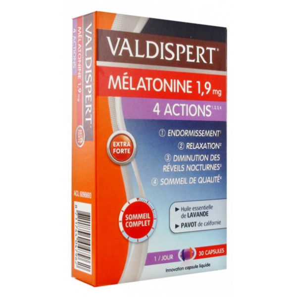 Valdispert Mélatonine 1,9 mg 4 Actions - Sommeil Complet - 30 Capsules