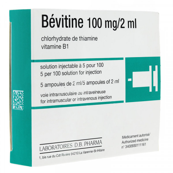 Bevitine 100mg/2ml - Thiamine Hydrochloride - Injectable Solution - 5 Ampoules