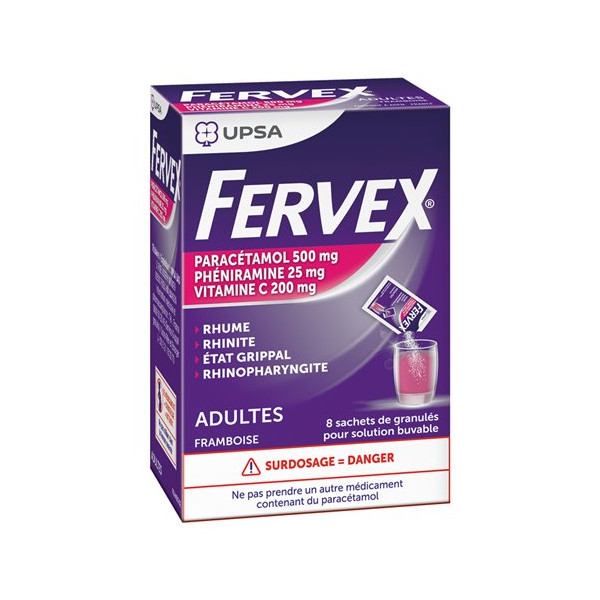 Fervex Adulte Goût Framboise, 8 Sachets, Paracetamol/Vitamine C/Pheniramine, 0.5g/0.2g/0.025g, UPSA