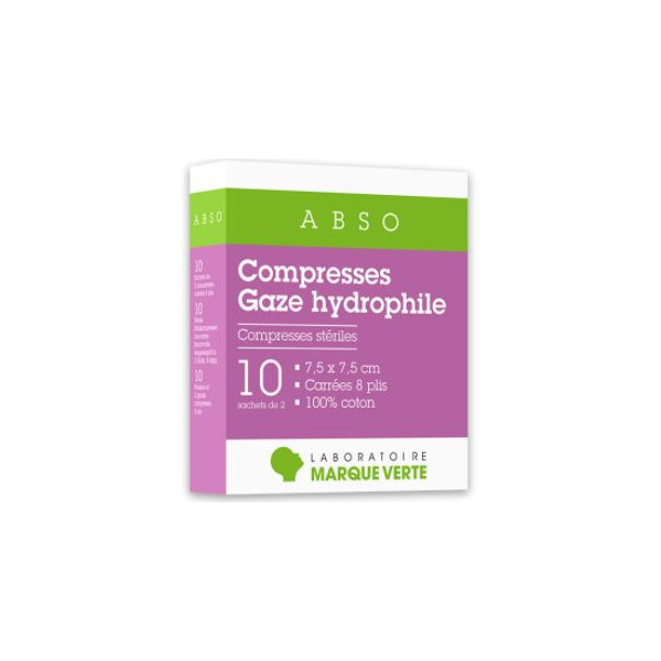 Hydrophilic Gauze Compresses - 7.5 x 7.5 cm - 10 sachets of 2 - Green Mark