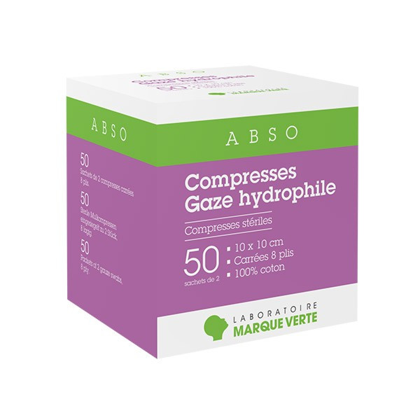 Compresses Gaze Hydrophile - 10 x 10 cm - 50 sachets de 2 - Marque Verte