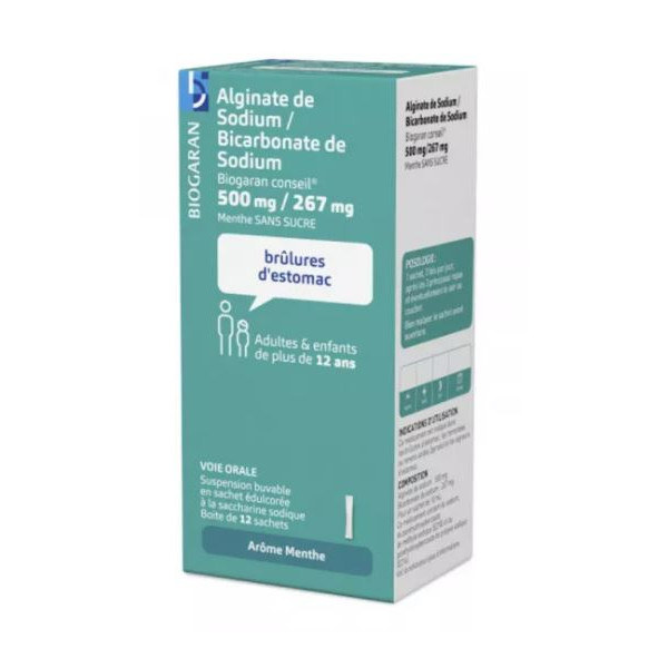 Alginate de Sodium 500 mg/ Bicarbonate de sodium 267mg, Biogaran, 12  sachets doses - Biogaran