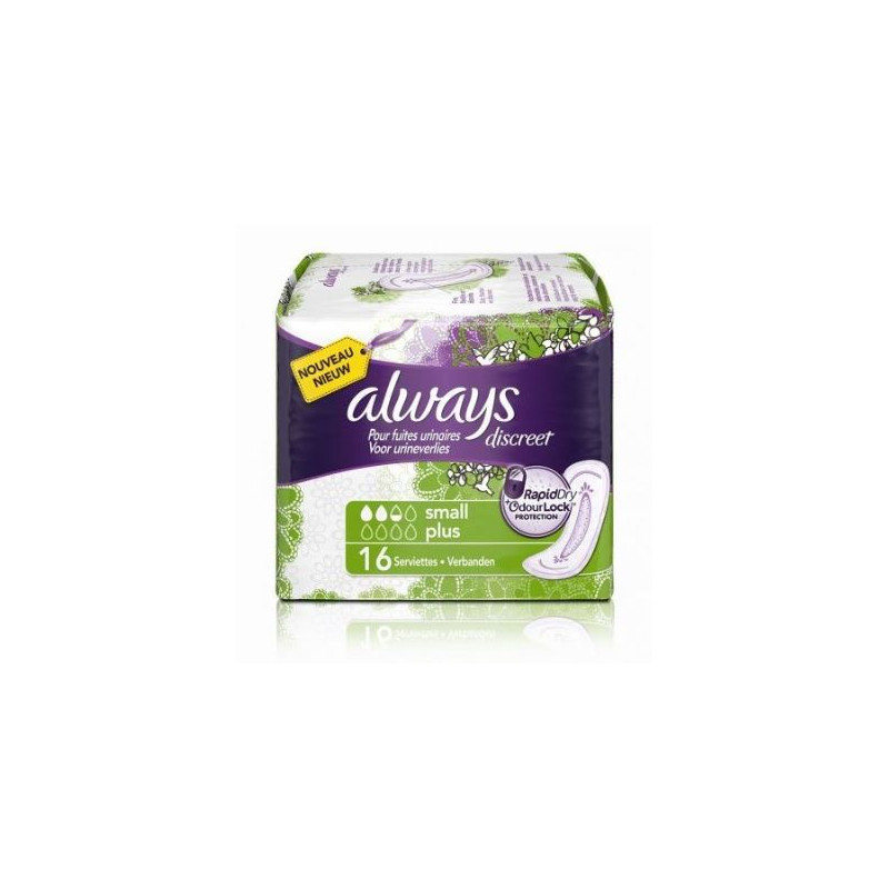 Always Discreet Small Plus Urinary Leakage Pads, 16 pads per set.