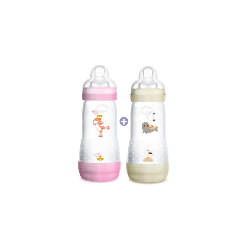 Set of 2 Mam Baby Bottles - Easy Start Anti-Colic - Pink + White Model -  From Birth - Flow 3 - 2 X 320 ml Mam
