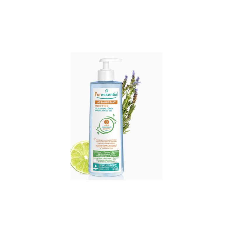 Antibacterial Sanitizing Gel Pump Bottle - PURESSENTIEL with 3 essential oils - 500 ml
