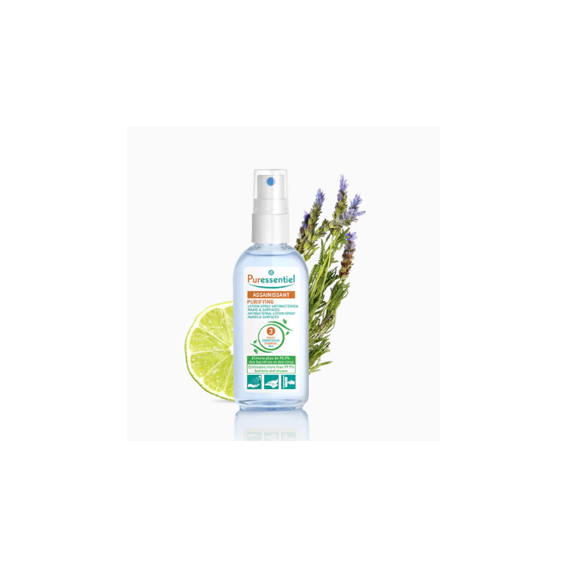 Spray Lotion Antibactérien PURESSENTIEL aux 3 huiles essentielles pour Mains et Surfaces 80 ml