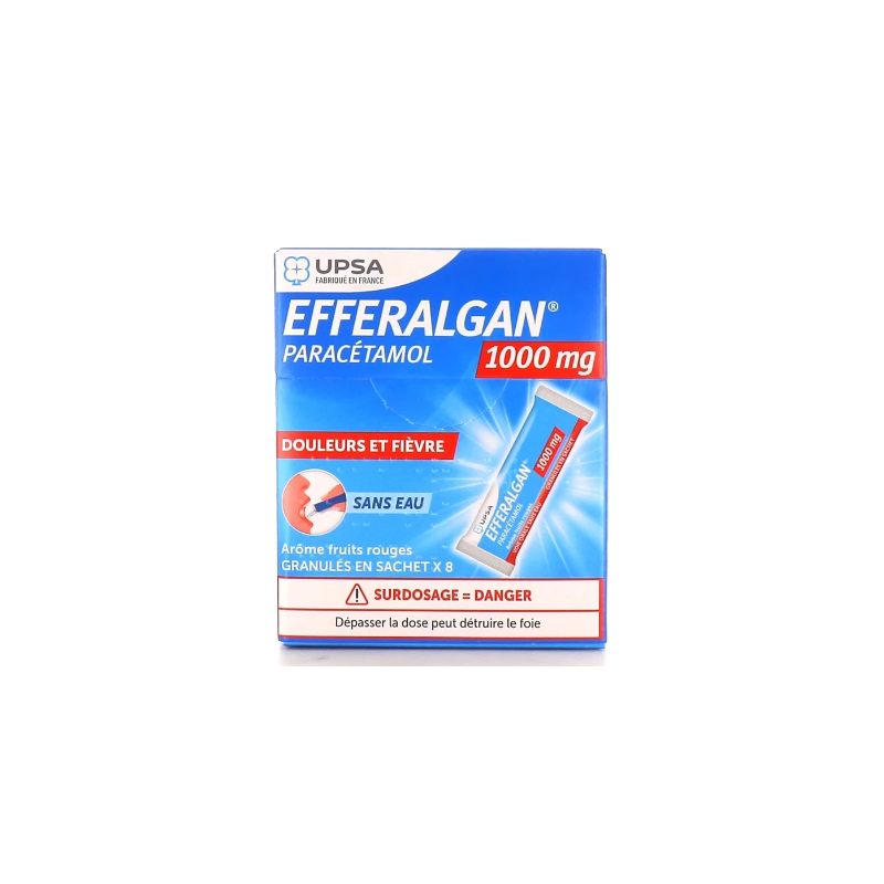 Efferalgan 1g - Red Fruit Taste - Paracetamol 1g, Pain and Adult Fever - 8 Granulated Sachets