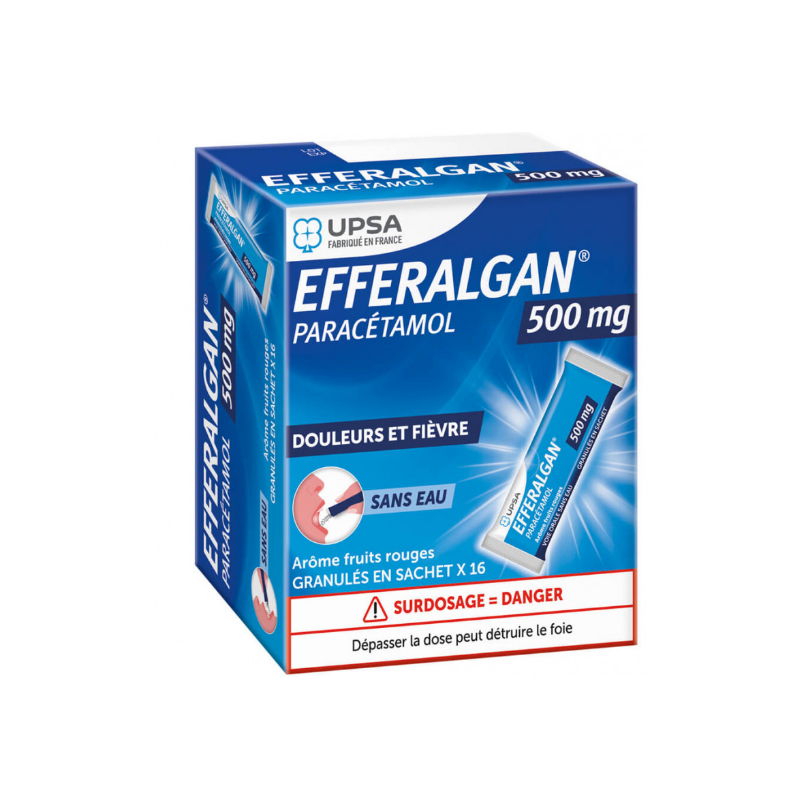 Efferalgan 500mg - 16 Sachets Granules Red Fruit Flavor - Paracetamol 500mg, Pain and Fever