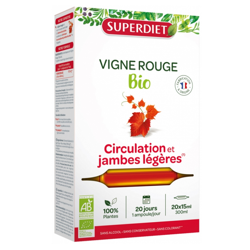 Vigne Rouge Bio - Circulation Jambes Légères - Superdiet - 20 ampoules