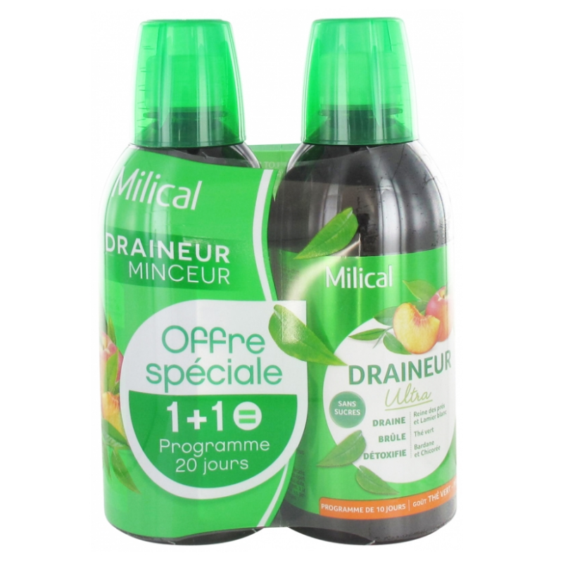 Milical Draineur - Détoxifiant & Draineur - Ultra Goût Thé Vert/Pêche - 2 X 500ml