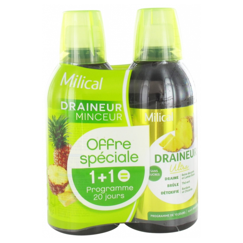 Milical Draineur - Détoxifiant & Draineur - Ultra Goût Ananas - 2 X 500ml