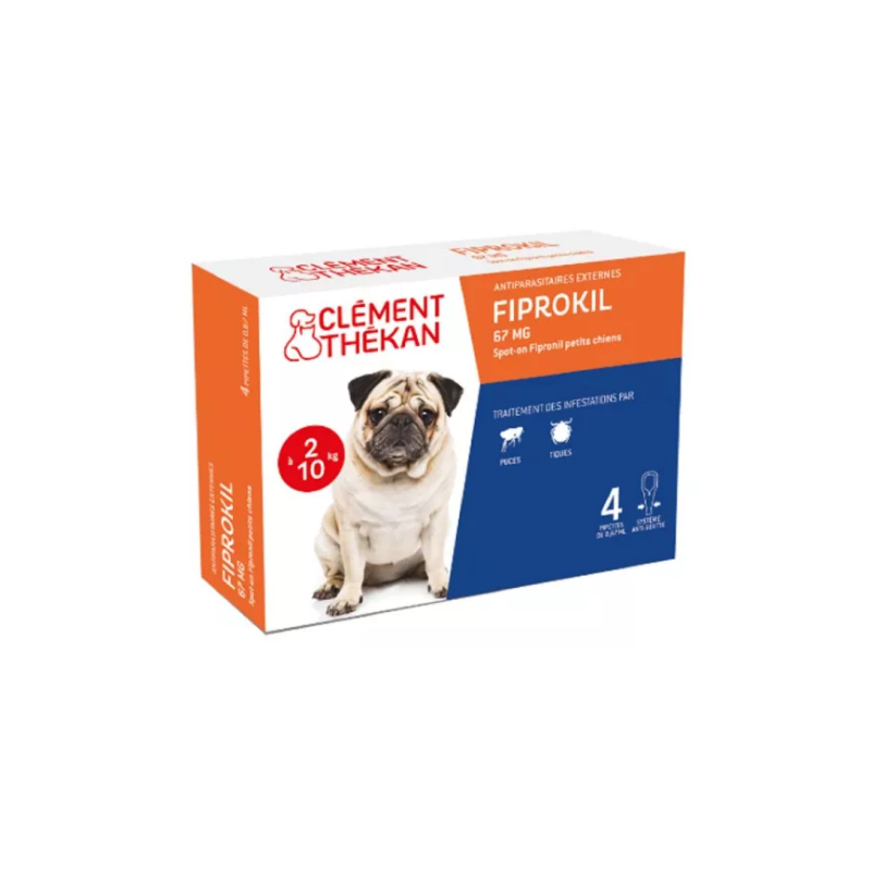 Fiprokil 67 mg For Small Dogs from 2 kg to 10 kg Flea and Tick Infestation, Clement Thékan, 4 Pipettes of 0.67 ml