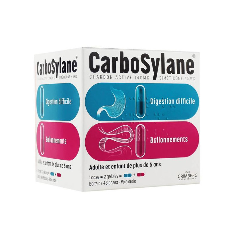 Carbosylane for bloating & flatulences, 48 doses of 2 capsules, Charcoal 140mg/Simeticone 45mg