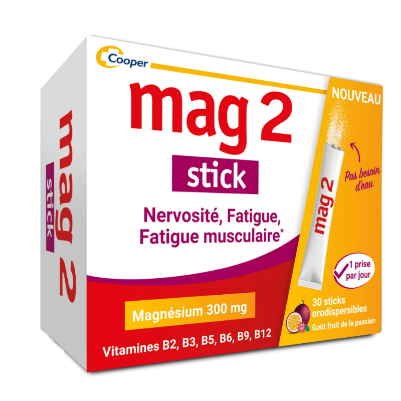 Magnésium 300 mg - Nervosité, Fatigue - Mag2 Stick - 30 sticks orodispersibles
