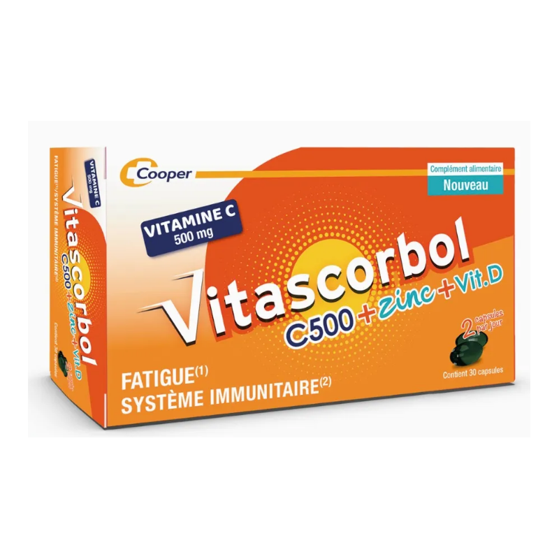 Vitascorbol C500, Zinc, Vitamine D - Fatigue & Système Immunitaire - 30 Capsules