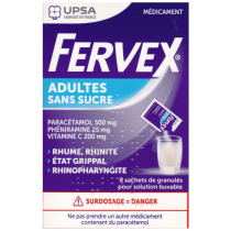Fervex Adulte Sans Sucre Boite de 8 Sachets, Paracetamol Vitamine C et Pheniramine
