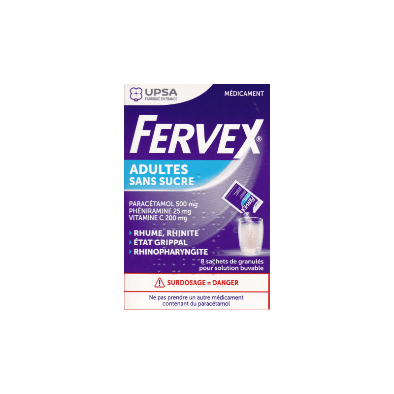 Fervex Adulte Sans Sucre Boite de 8 Sachets, Paracetamol Vitamine C et Pheniramine