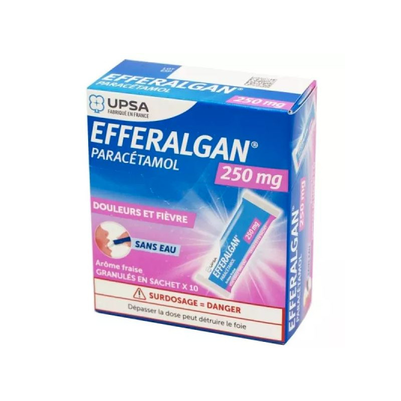 Efferalgan 250mg 10 Sachets Granulés gout Fraise, Paracetamol 250mg, Douleurs et Fièvre Enfant de 14 à 50KG