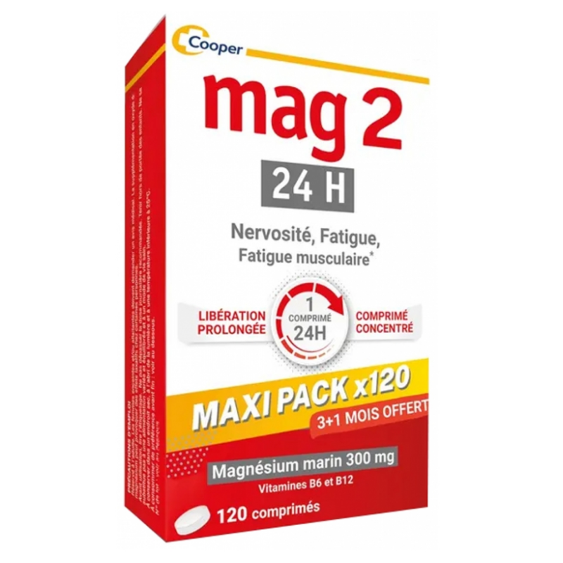 Mag 2 Magnésium 24H - Fatigue - Nervosité - Cooper - 120 comprimés 3+1 Mois Offert