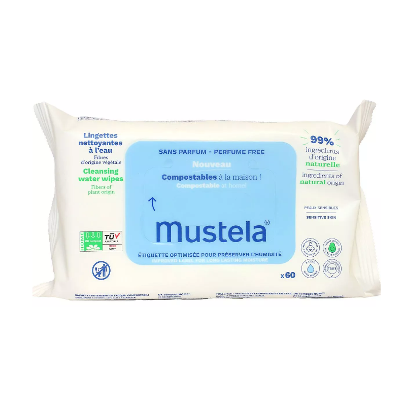 Lingettes de Coton Bio à l'Eau  - Tout Type de Peau - Mustela - 60 Lingettes