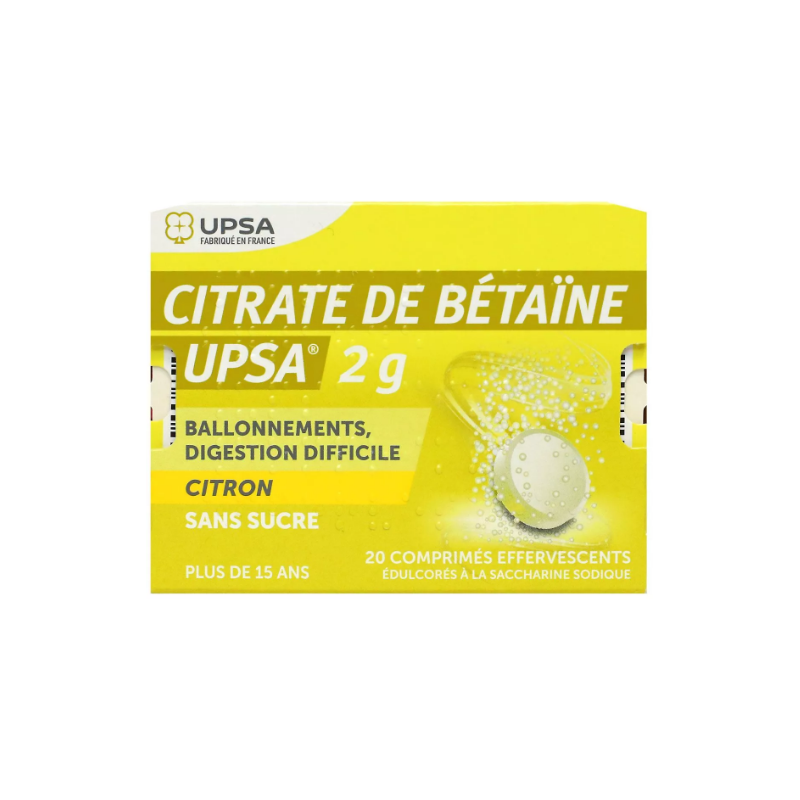 Citrate de bétaïne - Ballonnemets, Digestion Difficile - Citron Sans Sucre - UPSA - 20 Comprimés Effervescents