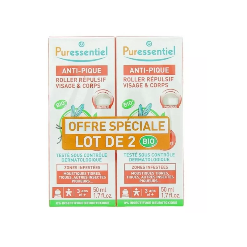 Anti-Pique Roller Répulsif Visage et Corps Puressentiel, 2 X 50 ml