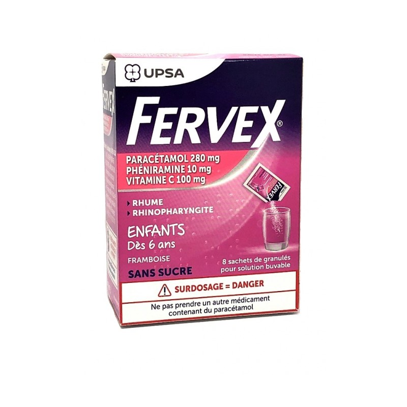 Fervex Enfant Rhinopharyngitis, 8 Sachets of Granules, From 6 Years Raspberry Taste