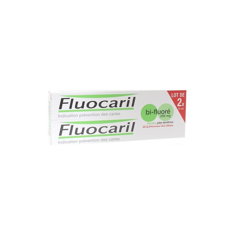 Fluocaril Bi-fluoride 250mg Mint flavour Toothpaste, pack of 2 x 75 ml